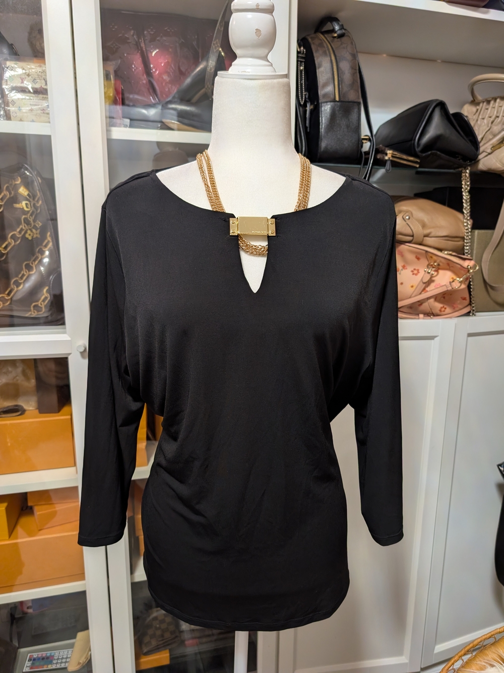 Michael Kors Black Long-Sleeve Top with Gold Chain Accent